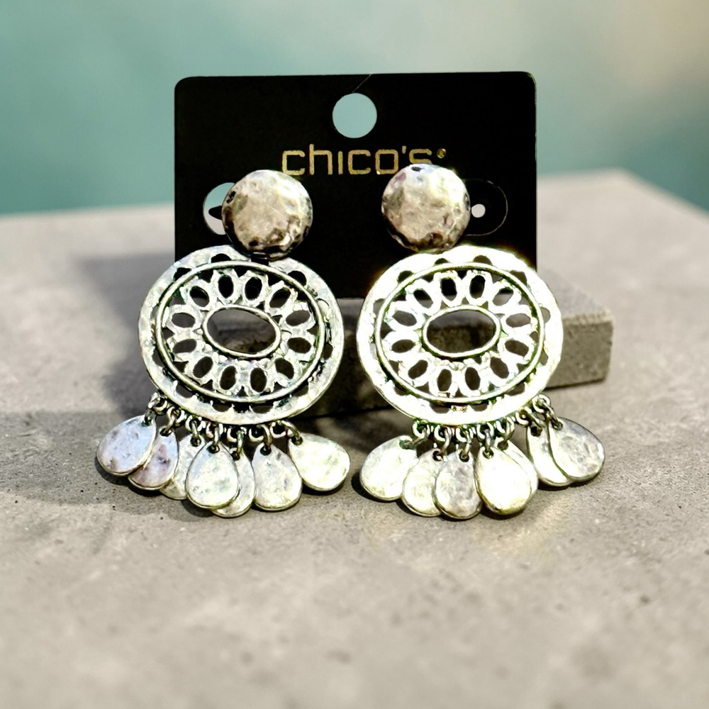 Chico's Silver Filigree Fringe Statement Earrings NWT - Picture 6 of 8